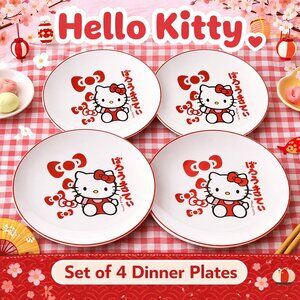 Hello Kitty Sanrio Dinner Plates Set of 4 Red White Ceramic 10.5” Silver Buffalo